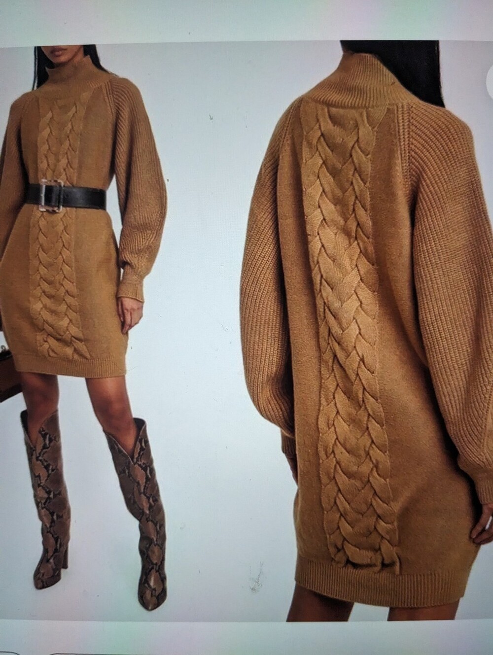 CAROLINE CONSTAS Cable-Knit Sweater Dress in Camel